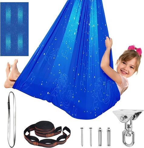 Double Layer Sensory Swing for Kids & Adults with Cute Print and 360° Swivel Hanger Holds up to 300lbs, Therapy Swing Indoor & Outdoor for Autism, ADHD and Autistic Children, Star Blue in Kuwait