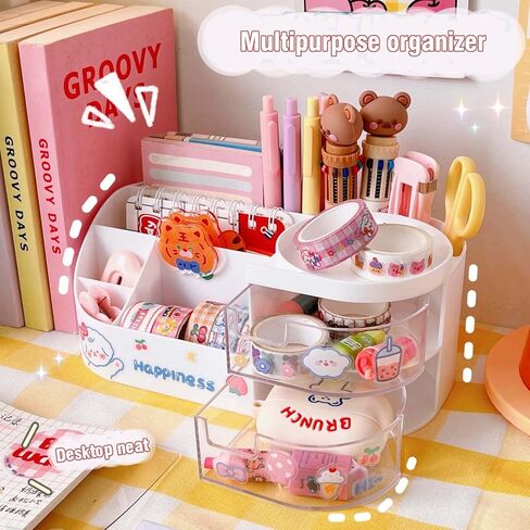 Kawaii Stationery Storage Box Makeup Organizer Hand Account Supplies Storage Box Cute Desktop Multifunctional Organizer (S,Pink) in Saudi Arabia