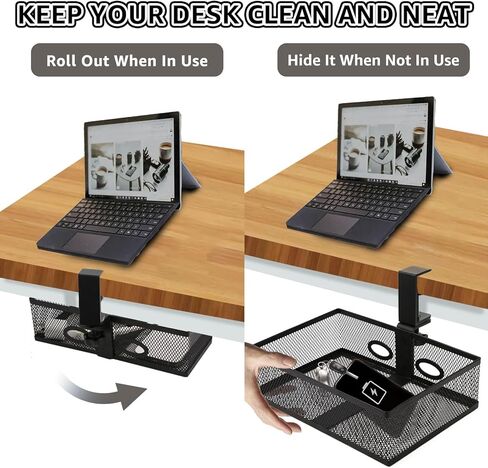 منظم مكتب شبكي ودرج قلم رصاص دوار بمشبك، درج دوار أسفل المكتب، نظام تثبيت قوي للغاية على شكل حرف C وسهل التركيب، أدراج تخزين تحت المكتب قابلة للدوران 360 درجة (أسود) in Kuwait