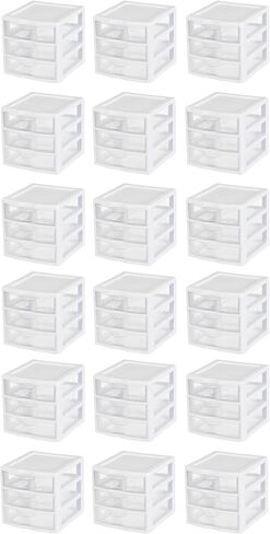 Sterilite Clearview Plastic Multipurpose Small 3 Drawer Desktop Storage Organization Unit for Home, Classrooms, or Office Spaces, White, 18 Pack in Kuwait