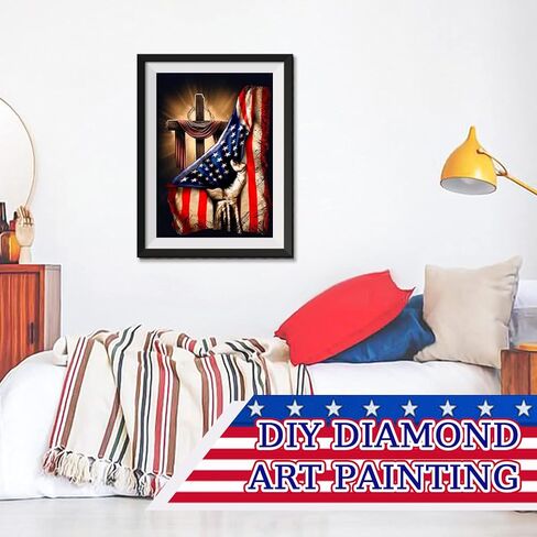 مجموعات الطلاء الماسي 5D DIY للبالغين، علم وطني يد وعبر الماس فن حفر كامل كريستال حجر الراين صور تطريز فنون حرفية لديكور جدار المنزل، موضوع العلم الأمريكي، 12 × 16 بوصة in Kuwait