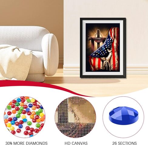 مجموعات الطلاء الماسي 5D DIY للبالغين، علم وطني يد وعبر الماس فن حفر كامل كريستال حجر الراين صور تطريز فنون حرفية لديكور جدار المنزل، موضوع العلم الأمريكي، 12 × 16 بوصة in Kuwait