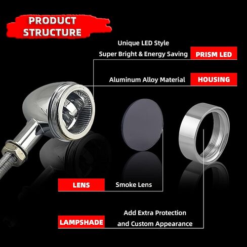 FATECIM 2X Motorcycle LED Turn Signals Bullet Blinker Heavy Duty Indicator Lights Amber Lens 10mm Vintage Chrome 12V Universal (Black) in Kuwait