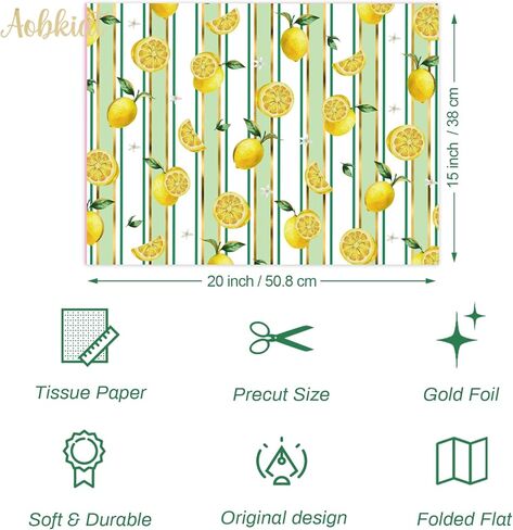 AOBKIAT 24 ورقة مناديل ورقية ليمون لحقائب الهدايا، مناديل تغليف بنمط الليمون الأخضر الأصفر لربيع وصيف وأعياد ميلاد وحفلات استقبال المولود الجديد، 20 × 15 بوصة/ورقة in Kuwait