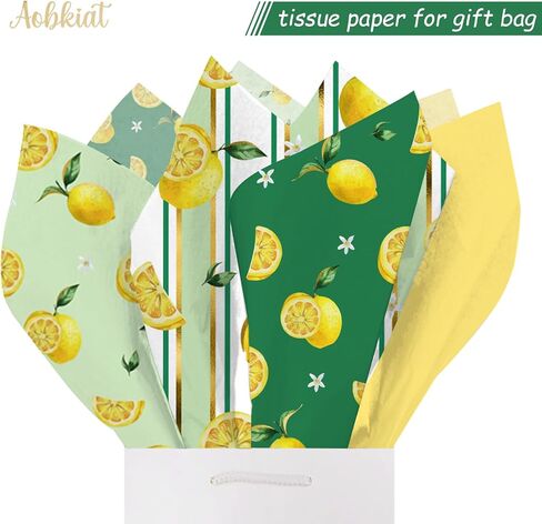 AOBKIAT 24 ورقة مناديل ورقية ليمون لحقائب الهدايا، مناديل تغليف بنمط الليمون الأخضر الأصفر لربيع وصيف وأعياد ميلاد وحفلات استقبال المولود الجديد، 20 × 15 بوصة/ورقة in Kuwait