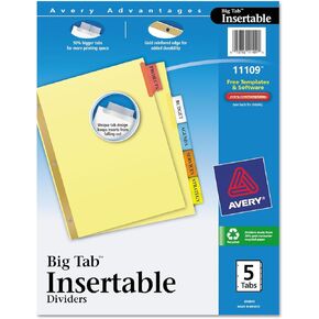 Avery(R) Worksaver(R) Insertable Big Tab Recycled Dividers, Gold Reinforced, 5-Tab, Buff Paper, Multicolor