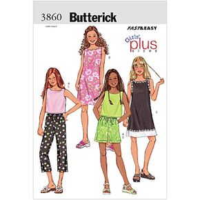 BUTTERICK PATTERNS B3860 Girls'/Girls' Plus Top, Dress, Shorts & Pants, Size 7-8-10-12-14