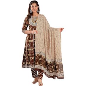 Women's Cotton Embroidered Nyra Cut Kurti with Pant and Dupatta Set-619