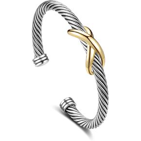 Cuff Bracelet for Women Cable - Twisted Bracelets Silver Bangle - Two Tone Cross Designer Dupes Bracelets Jewelry Gifts