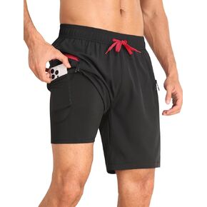 Nonwe Mens Swimming Trunks with Compression Liner 2 in 1 Stretchy Board Shorts with Zipper Pockets