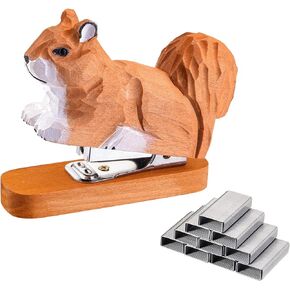 Yoption Wooden Animal Stapler, Squirrel Desktop Stitcher Handmade Wood Carving Statue Sculpture for Children School Office Stationery, Includes 1000 Staples (Squirrel)