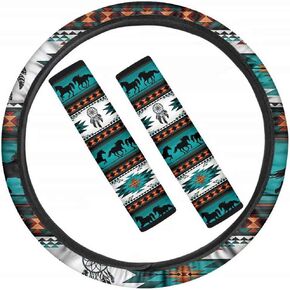 Pensura Navajo Aztec Horse Tribal Stripe Style Car Accessories Set, Includes 1 Piece Steering Wheel Cover, 2 Pieces Seat Belt Sets Covers Car Decoration (3Pieces)