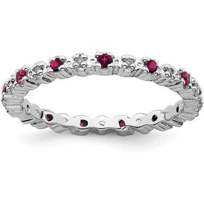 Solid 925 Sterling Silver Stackable Created Ruby and Diamond Ring Eternity Band (.04 cttw.)