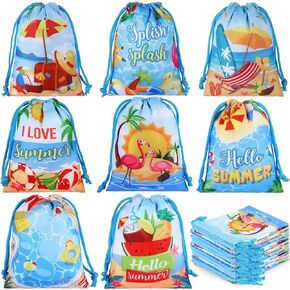 Cunno 24 Pcs Swimming Pool Gift Bags Beach Birthday Bags Summer Favor Bag Pool Party Drawstring Bags Beach Ball Candy Treat Goodie Bags for Kids Beach Pool Hawaiian Tropical Luau Party(Summer Pool)