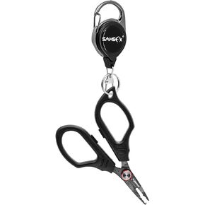 SAMSFX Fishing Braid Scissors, Snip Braided Line Cutter Saltwater and Freshwater, Serrated Shears with Retractor, Optional Split Ring Opener Function (Black, Scissors Function)