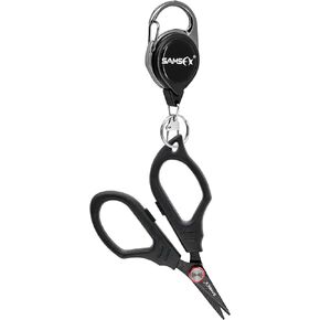 SAMSFX Fishing Braid Scissors, Snip Braided Line Cutter Saltwater and Freshwater, Serrated Shears with Retractor, Optional Split Ring Opener Function (Black, Scissors Function)