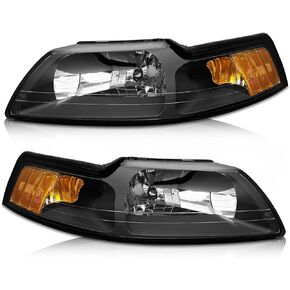 AS AUTOLIGHTS 1999 2000 2001 2002 2003 2004 Ford Mustang Headlight Assembly Replacement for 99 00 01 02 03 04 Ford Mustang with Black Housing Amber Reflector Clear Lens Pair 3R3Z13008CA/3R3Z13008DA