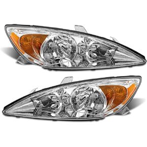 Headlight Assembly for 2002 2003 2004 Toyota Camry Chrome Housing with Amber Reflector Left and Right (Only Fits LE/XLE, Not Fits SE)