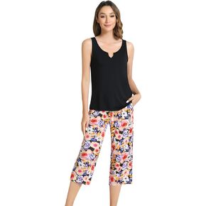 NACHILA Women's Pajamas-Viscose Made from Bamboo, Sleeveless Pajama Set Soft Tank Top Sleepwear Capri Pants Pjs