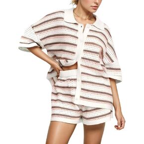 Wyeysyt Womens Striped Pajama Sets Knit Short Sleeve Color Block Crochet Button Tops and Shorts 2 Piece Casual Lounge Set