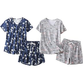 PNAEONG 2 Pack Womens Pajama Sets, Cotton Pj Set Short Sleeve Top with Capri Shorts Sleepwear 2 Piece Lounge Set S-3XL
