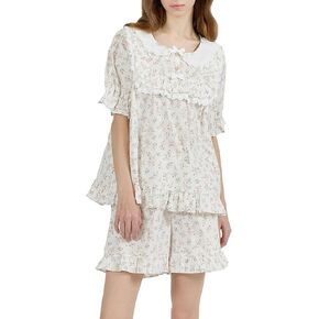 ULLALA Pajamas for Women Vintage Short sleeved 40'S Cotton Lili Two-Piece Cream Soft Sleepwear 2Piece one Size in Kuwait