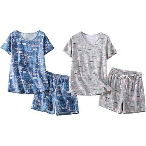 PNAEONG 2 Pack Womens Pajama Sets, Cotton Pj Set Short Sleeve Top with Capri Shorts Sleepwear 2 Piece Lounge Set S-3XL