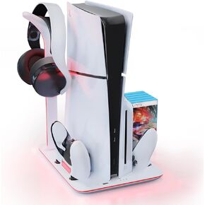 HONCAM Cooling Stand for PS5 Slim Console, Dual Controller Charging Station with 7 RGB Light for Playstation 5 Slim Console Disc & Digital, PS5 Accessories Incl. Headset Holder, 5 Game Slots, White