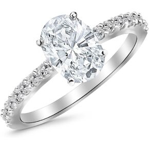 14K White Gold 3.25 Carat LAB GROWN DIAMOND Classic Side Stone Pave Set Oval Cut Diamond Engagement Ring (G-H Color VS2-SI1 Clarity 3 Ct Center)