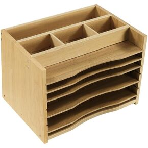 5-Tiers Bamboo File Organizer with 4 Adjustable Shelves Paper Sorter Document Letter Trays Desk Organizer with 4 Dividers for Office Home Study Desk Storage (Natural Color)