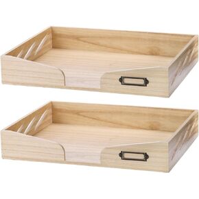 Fasmov 2 Pack Wood Letter-Size Tray, Stackable Office Letter Organizer Desk Tray, Paper Tray Organizer for Desktop Organizeration with Metal Label Card Holder, Wooden Desktop File Folder Holder