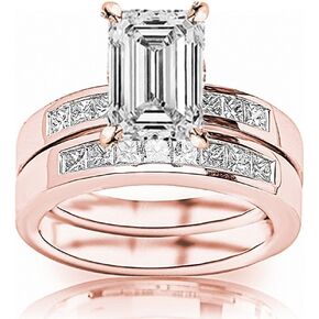 14K White Gold 2.25 Carat LAB GROWN DIAMOND Classic Channel Set Princess Cut Emerald Cut Diamond Engagement Ring and Wedding Band Set (G-H Color VS1-VS2 Clarity 1.5 Ct Center)