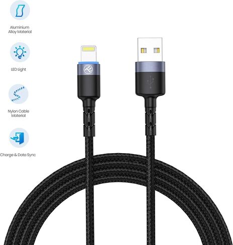 TELLUR Data Cable USB to Lightning with LED Light, 3A, 1.2m (Black) in Kuwait