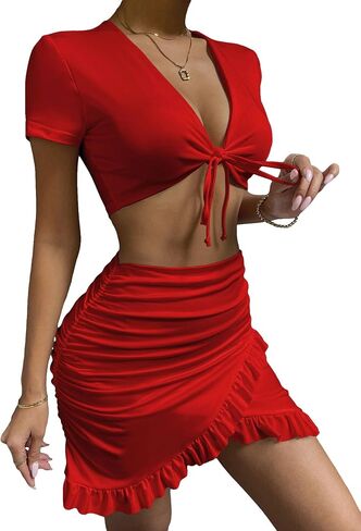 MakeMeChic Women's Summer 2 Piece Outfit Tie Front Crop Top Ruffled Trim Ruched Mini Skirt Set in Saudi Arabia