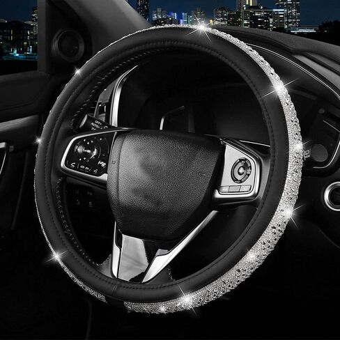جديد كريستال الراين غطاء عجلة القيادة للنساء الفتيات بلينغ الماس الوردي الجلود غطاء عجلة القيادة اكسسوارات السيارات العالمي 15 بوصة عجلة حامي (الوردي) in Kuwait