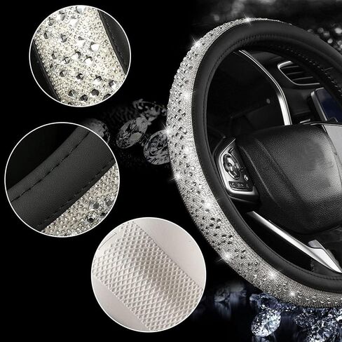 جديد كريستال الراين غطاء عجلة القيادة للنساء الفتيات بلينغ الماس الوردي الجلود غطاء عجلة القيادة اكسسوارات السيارات العالمي 15 بوصة عجلة حامي (الوردي) in Kuwait