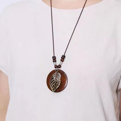 Leather Long Necklaces for Women Boho Vintage Wood Pendant Necklace Tree Flower Rudder Sweater Y Necklace for Girls Hippie Necklaces Jewelry in Saudi Arabia