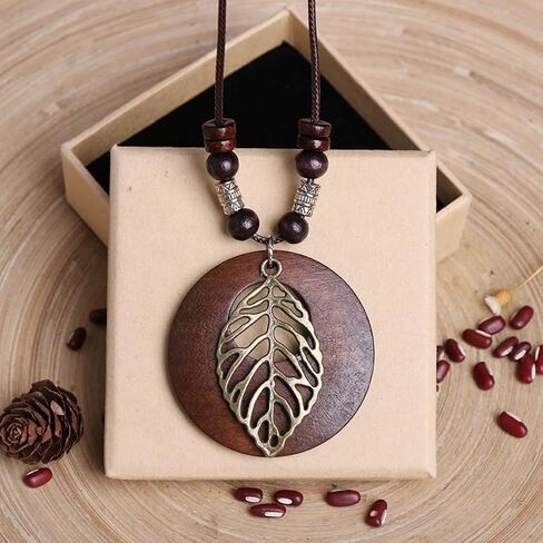 Leather Long Necklaces for Women Boho Vintage Wood Pendant Necklace Tree Flower Rudder Sweater Y Necklace for Girls Hippie Necklaces Jewelry in Saudi Arabia