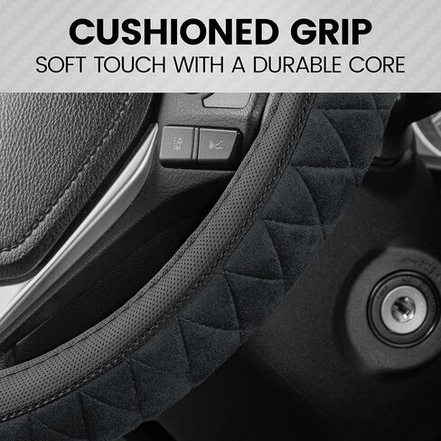 BDK GripTech Plush Fuzzy Steering Wheel Cover for Car Truck Van SUV, Standard 15 inch Size, Soft Black Fluffy Exterior, Comfortable Ergonomic Car Steering Wheel Cover in Saudi Arabia