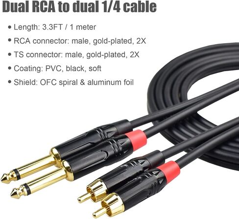 Mugteeve RCA to 1/4 TS Cable, Dual 1/4 Mono to Dual RCA Phono Stereo Interconnect Cable Patch Cord, No Noise, Copper Shielded, Gold-Plated, for Mixer/Speaker/AMP Audio Cord - 6.6FT in Saudi Arabia