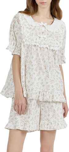 ULLALA Pajamas for Women Vintage Short sleeved 40'S Cotton Lili Two-Piece Cream Soft Sleepwear 2Piece one Size in Kuwait