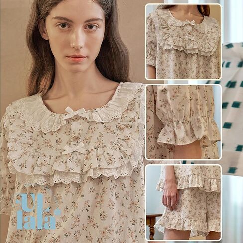 ULLALA Pajamas for Women Vintage Short sleeved 40'S Cotton Lili Two-Piece Cream Soft Sleepwear 2Piece one Size in Kuwait