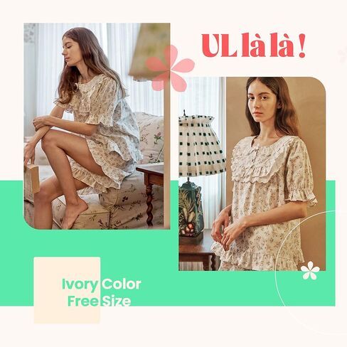 ULLALA Pajamas for Women Vintage Short sleeved 40'S Cotton Lili Two-Piece Cream Soft Sleepwear 2Piece one Size in Kuwait