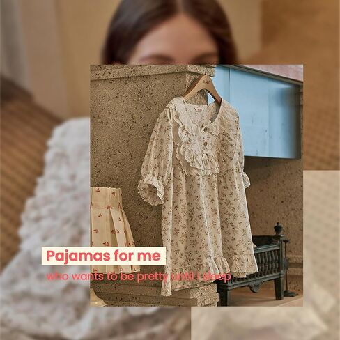ULLALA Pajamas for Women Vintage Short sleeved 40'S Cotton Lili Two-Piece Cream Soft Sleepwear 2Piece one Size in Kuwait