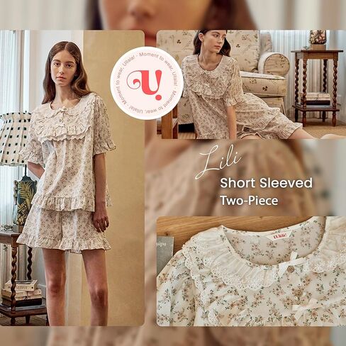 ULLALA Pajamas for Women Vintage Short sleeved 40'S Cotton Lili Two-Piece Cream Soft Sleepwear 2Piece one Size in Kuwait