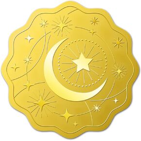 BENECREAT 100pcs Moon and Star Pattern Self Adhesive Gold Foil Embossed Stickers, Embossed Gold Certificate Seals for Wedding Invitations Envelope Graduation Seals, 5x5cm/2x2inch