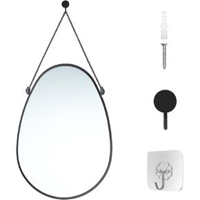 LONGWIN Black Hanging Oval Mirror for Wall Decor, 14.8 x 18 Inch Black Geometric Farmhouse Wall Mirrors Decorative with Rope, Wall Mounted Mirror for Bathroom, Living Room, Bedroom
