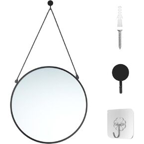 LONGWIN Black Hanging Oval Mirror for Wall Decor, 14.8 x 18 Inch Black Geometric Farmhouse Wall Mirrors Decorative with Rope, Wall Mounted Mirror for Bathroom, Living Room, Bedroom