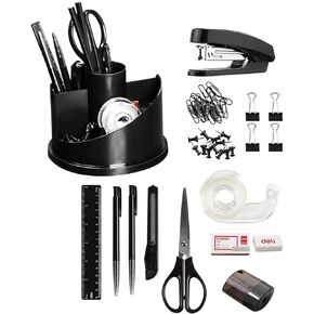 deli 15 Pcs Office Supplies Kit with Desk Organizer, Desk Accessories Set with Staple, Sharpener, Scissors, Binder Clips
