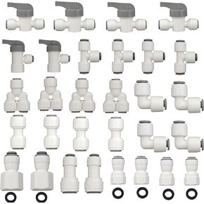 1/4" outer diameter quick connection push-in connection, 1/4"RO water reverse osmosis filtration system water pipe fittings, (ball valve + adapter +T and Y tee +L and I connectors, 30PCS)